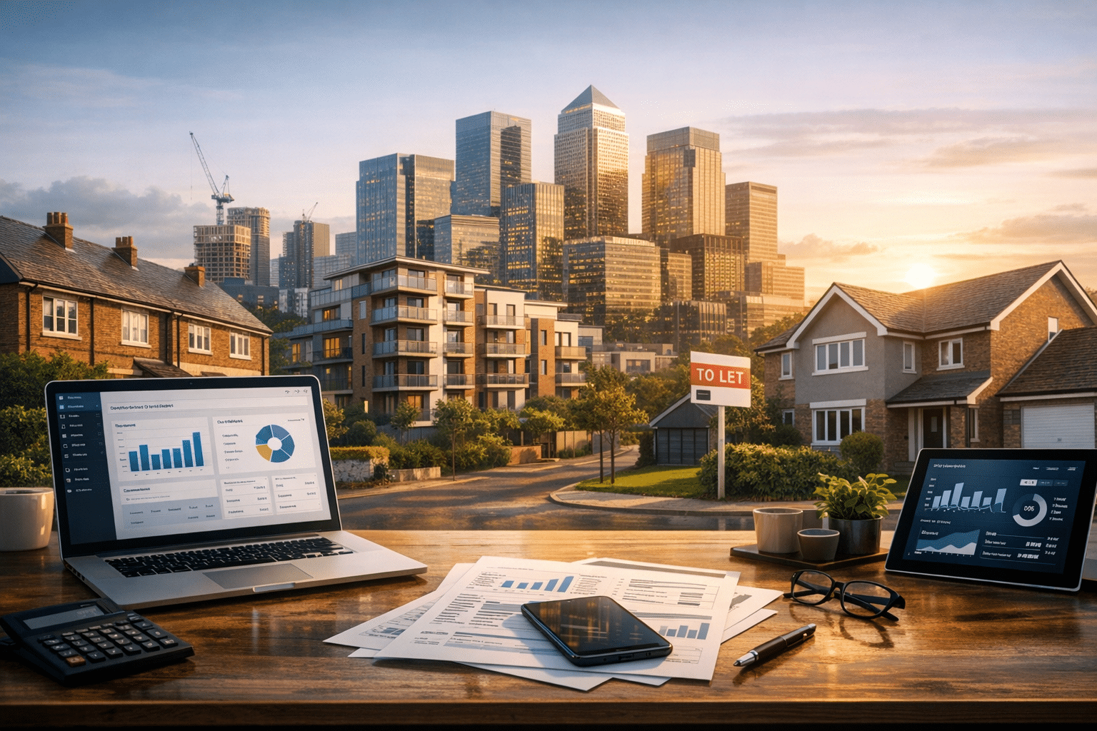 A wide cinematic web banner for an accountancy firm serving the Landlords industry, for a website about We are called Tax Digital. We are Making Tax Digital specialists as well as a team of qualified accountants. The brand is professional and modern. The site is built to be PSEO to generate leads.. Professional, photorealistic, bold colours, no text overlays, 16:9 ratio.