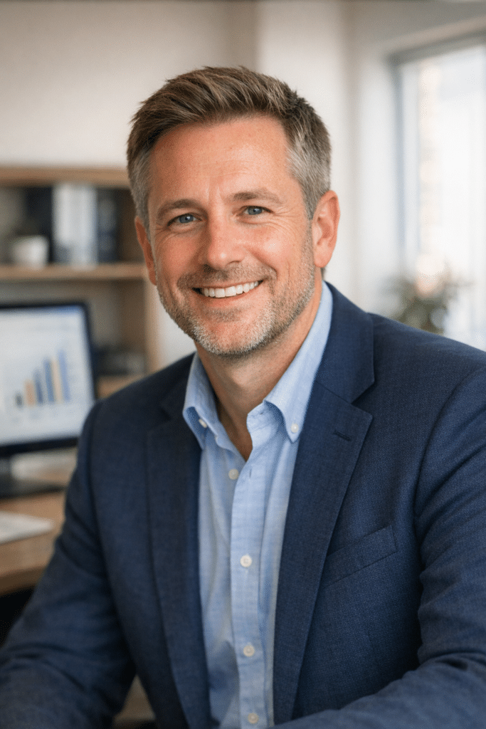 A warm, professional headshot-style portrait of a friendly accountant or financial advisor specialising in the Landlords industry, for We are called Tax Digital. We are Making Tax Digital specialists as well as a team of qualified accountants. The brand is professional and modern. The site is built to be PSEO to generate leads.. Approachable, office background, natural lighting, no text.