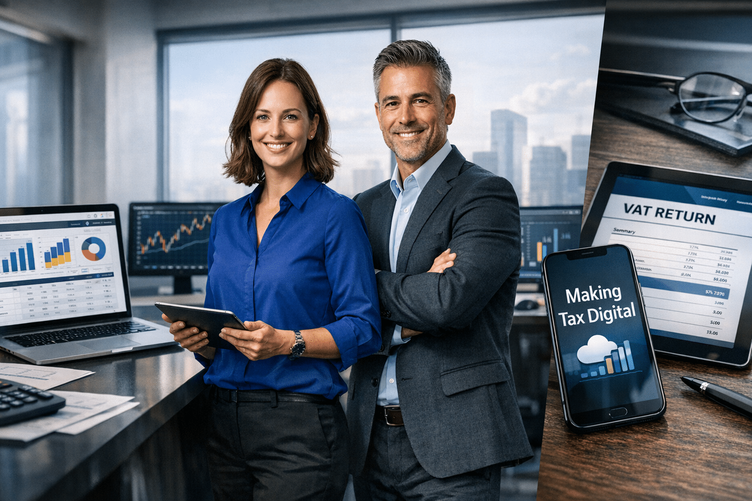 A wide cinematic web banner for an accountancy firm serving the Accountants industry, for a website about We are called Tax Digital. We are Making Tax Digital specialists as well as a team of qualified accountants. The brand is professional and modern. The site is built to be PSEO to generate leads.. Professional, photorealistic, bold colours, no text overlays, 16:9 ratio.