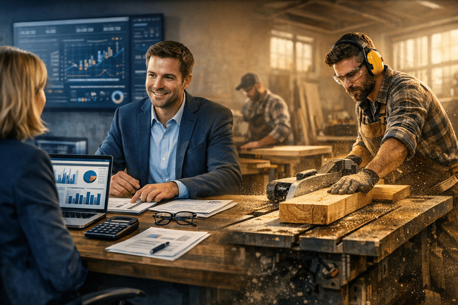 A wide cinematic web banner for an accountancy firm serving the Carpenters industry, for a website about We are called Tax Digital. We are Making Tax Digital specialists as well as a team of qualified accountants. The brand is professional and modern. The site is built to be PSEO to generate leads.. Professional, photorealistic, bold colours, no text overlays, 16:9 ratio.