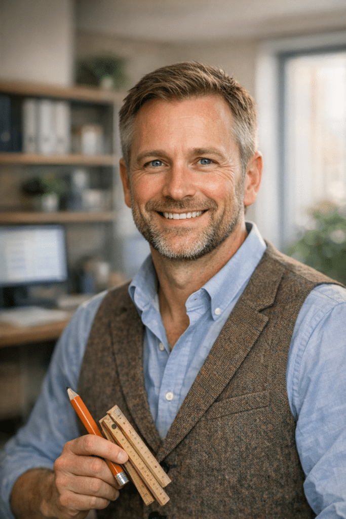 A warm, professional headshot-style portrait of a friendly accountant or financial advisor specialising in the Carpenters industry, for We are called Tax Digital. We are Making Tax Digital specialists as well as a team of qualified accountants. The brand is professional and modern. The site is built to be PSEO to generate leads.. Approachable, office background, natural lighting, no text.