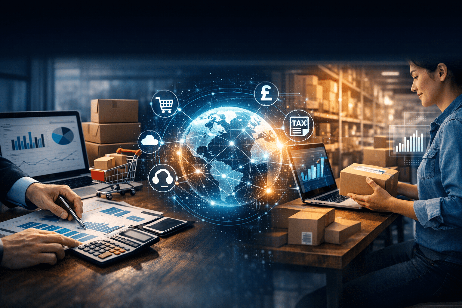 A wide cinematic web banner for an accountancy firm serving the Ecommerce industry, for a website about We are called Tax Digital. We are Making Tax Digital specialists as well as a team of qualified accountants. The brand is professional and modern. The site is built to be PSEO to generate leads.. Professional, photorealistic, bold colours, no text overlays, 16:9 ratio.