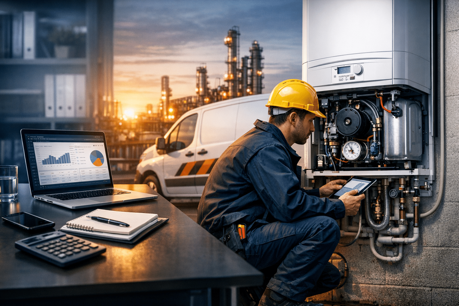 A wide cinematic web banner for an accountancy firm serving the Gas Engineers industry, for a website about We are called Tax Digital. We are Making Tax Digital specialists as well as a team of qualified accountants. The brand is professional and modern. The site is built to be PSEO to generate leads.. Professional, photorealistic, bold colours, no text overlays, 16:9 ratio.