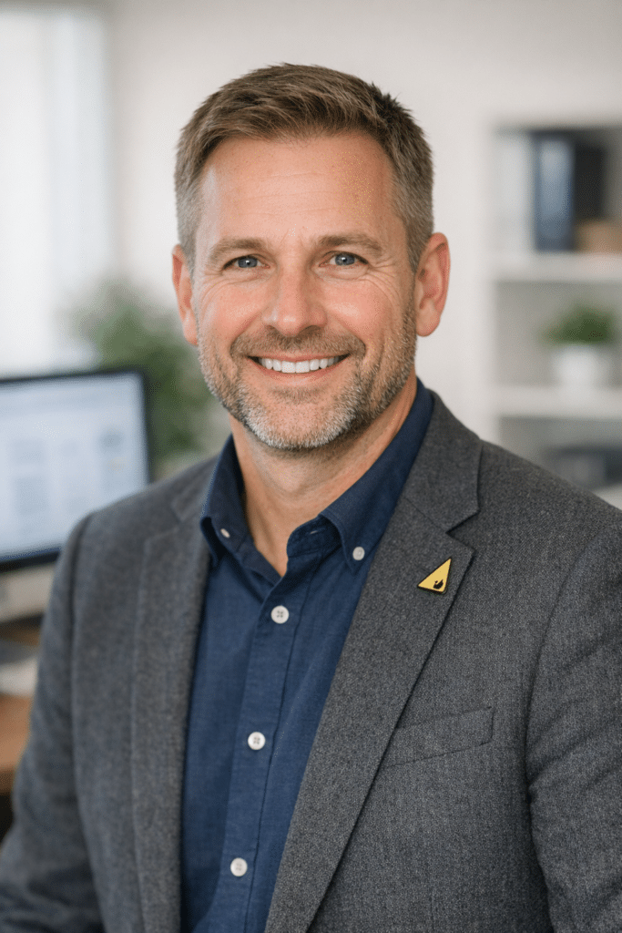 A warm, professional headshot-style portrait of a friendly accountant or financial advisor specialising in the Gas Engineers industry, for We are called Tax Digital. We are Making Tax Digital specialists as well as a team of qualified accountants. The brand is professional and modern. The site is built to be PSEO to generate leads.. Approachable, office background, natural lighting, no text.