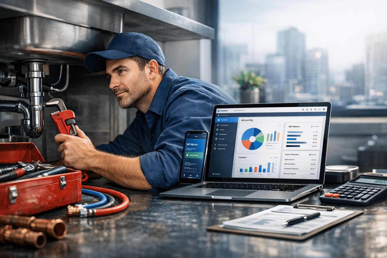 A wide cinematic web banner for an accountancy firm serving the Plumbers industry, for a website about We are called Tax Digital. We are Making Tax Digital specialists as well as a team of qualified accountants. The brand is professional and modern. The site is built to be PSEO to generate leads.. Professional, photorealistic, bold colours, no text overlays, 16:9 ratio.