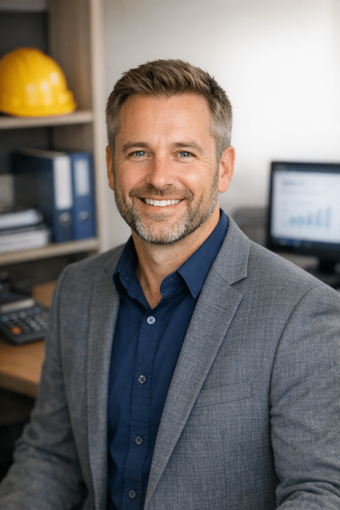 A warm, professional headshot-style portrait of a friendly accountant or financial advisor specialising in the Plumbers industry, for We are called Tax Digital. We are Making Tax Digital specialists as well as a team of qualified accountants. The brand is professional and modern. The site is built to be PSEO to generate leads.. Approachable, office background, natural lighting, no text.