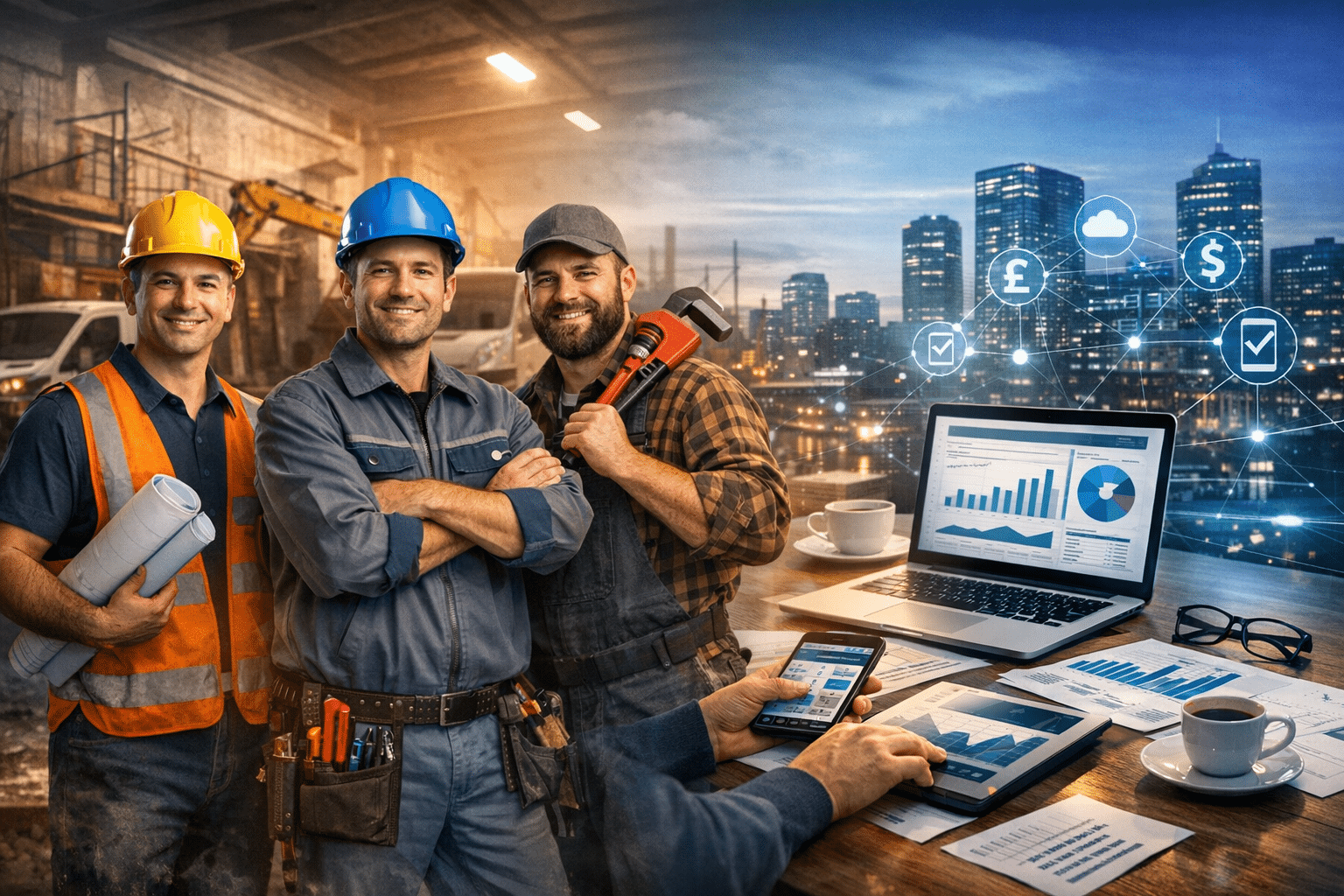 A wide cinematic web banner for an accountancy firm serving the Tradesmen industry, for a website about We are called Tax Digital. We are Making Tax Digital specialists as well as a team of qualified accountants. The brand is professional and modern. The site is built to be PSEO to generate leads.. Professional, photorealistic, bold colours, no text overlays, 16:9 ratio.