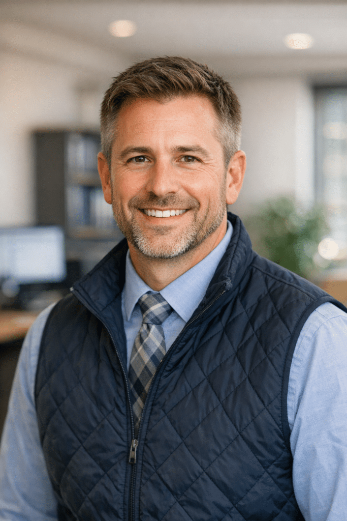 A warm, professional headshot-style portrait of a friendly accountant or financial advisor specialising in the Tradesmen industry, for We are called Tax Digital. We are Making Tax Digital specialists as well as a team of qualified accountants. The brand is professional and modern. The site is built to be PSEO to generate leads.. Approachable, office background, natural lighting, no text.